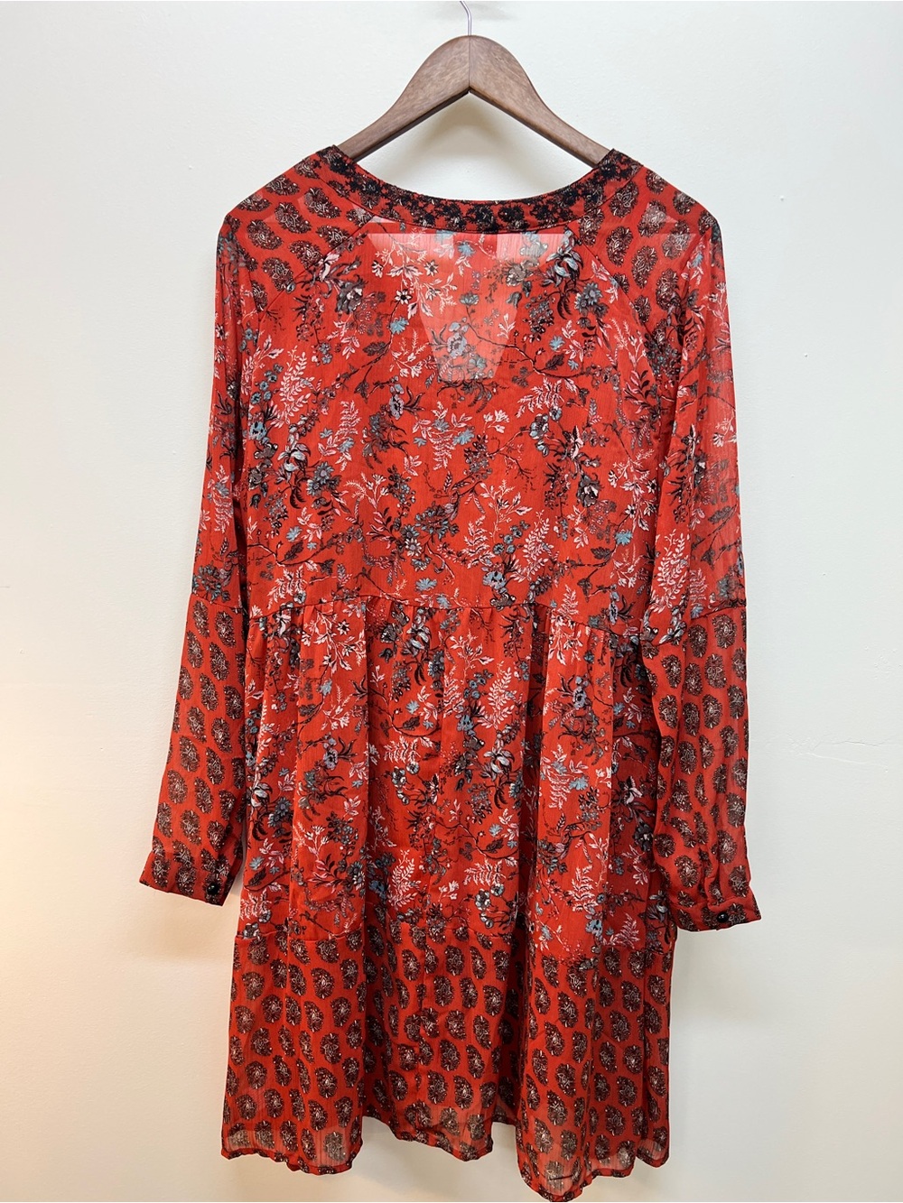 Knox Rose Burnt Orange Floral Midi Dress with Blue and Cream Accents - Picture 4 of 10
